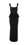 Elisabetta Franchi Red Carpet Pleated-peplum Knit Maxi Dress In Black