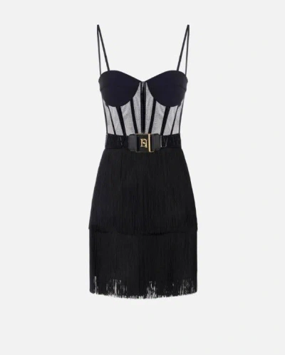 Elisabetta Franchi Mini Dress In Tulle And Fringes In Black