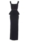 Elisabetta Franchi Red Carpet Pleated-peplum Knit Maxi Dress In Black