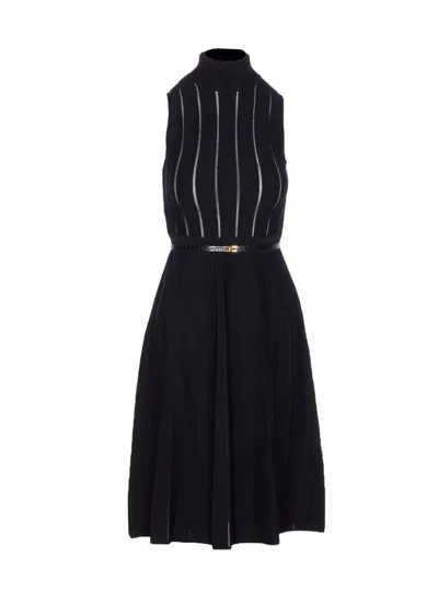 Elisabetta Franchi Knitted Dress With Belt And Stripes In Black