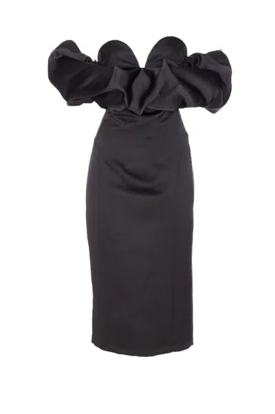 Elisabetta Franchi Fitted Silhouette Midi Dress With Off-shoulder Design In Black