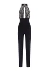 Elisabetta Franchi Black Jumpsuit With Embroidered Bodice And Halterneck In Tech Fabric Stretch Woman In Black