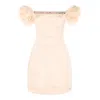 Elisabetta Franchi Shoulder-baring Fitted Mini Dress With Floral Embellishments In Brown