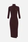 Elisabetta Franchi Midi Dress With High Neck And Side Slit Detail In Brown