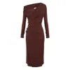 Elisabetta Franchi Brown Draped Midi Dress With Asymmetric Neckline In Viscose Stretch Woman In Brown