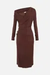 Elisabetta Franchi Brown Draped Midi Dress With Asymmetric Neckline In Viscose Stretch Woman In Brown