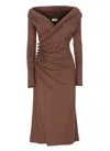 Elisabetta Franchi Brown Draped Midi Dress With Asymmetric Neckline In Viscose Stretch Woman In Brown
