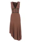 Elisabetta Franchi Midi Dress With Asymmetrical Hem And Corset In Brown