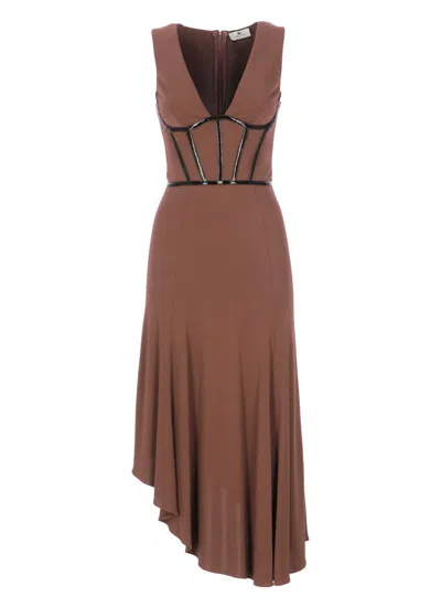 Elisabetta Franchi Midi Dress With Asymmetrical Hem And Corset In Brown