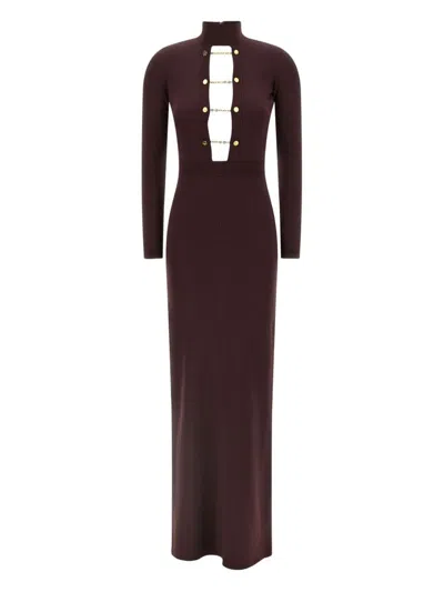 Elisabetta Franchi Chain-embellished High-neck Dress In Brown