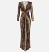 Elisabetta Franchi Draped Metallic Knee Length Dress With Sleeves In Brown