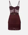 Elisabetta Franchi Mini Dress In Tulle And Fringes In Burgundy