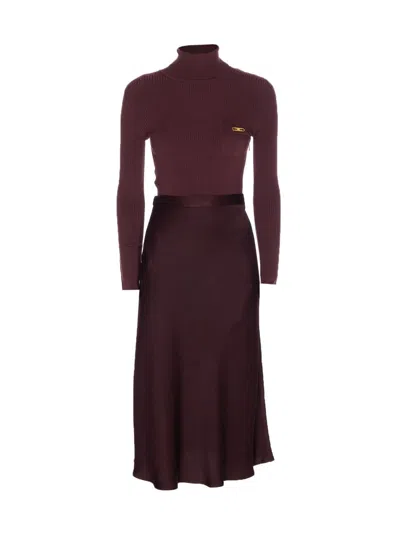Elisabetta Franchi High Neck Long Sleeve Ribbed Dress In Burgundy