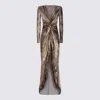 Elisabetta Franchi Draped Metallic Knee Length Dress With Sleeves In Brown