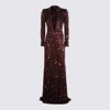 Elisabetta Franchi Sequins V-neck Floor-length Dress With Long Sleeves In Burgundy