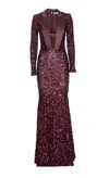 Elisabetta Franchi Sequins V-neck Floor-length Dress With Long Sleeves In Burgundy
