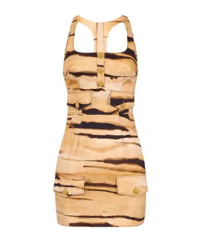 Elisabetta Franchi Drill Mini Dress With Tiger Print In Brown