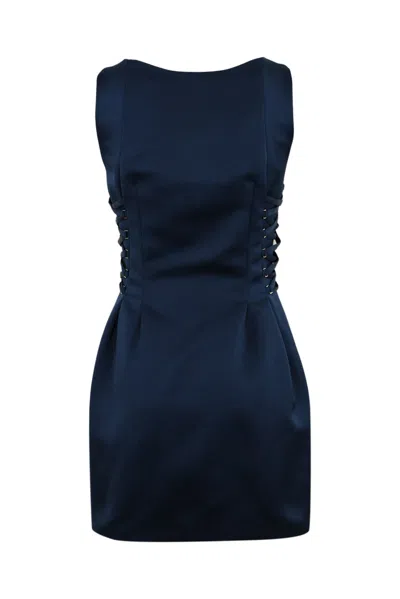 Elisabetta Franchi Duchess Dress With Boat Neckline And Laces In Blue