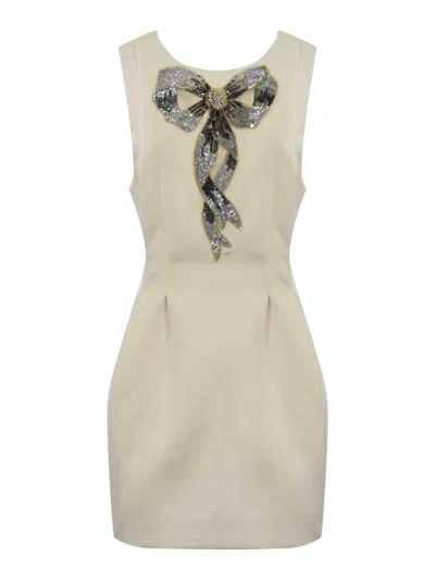 Elisabetta Franchi Duchess Dress With Sequin Bow In Cream