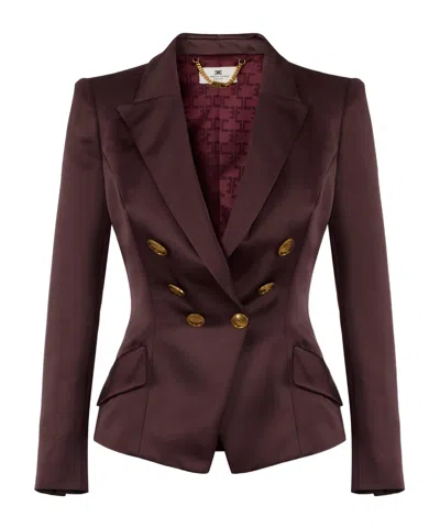 Elisabetta Franchi Duchess Satin Jacket With Jewel Buttons In Red