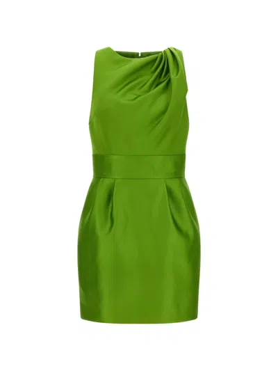 Elisabetta Franchi Duchesse Mini Dress With Draped Shoulder And Hourglass Silhouette In Green