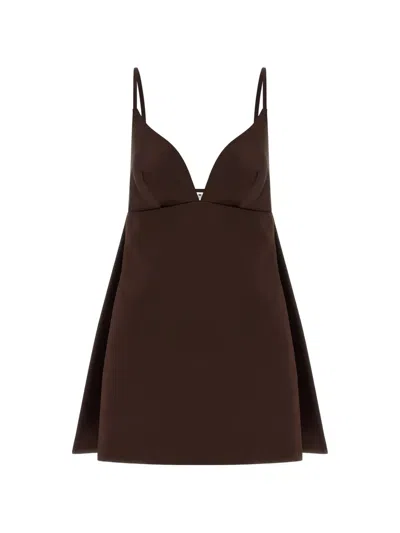 Elisabetta Franchi Duchesse Dress A Line Mini V Neckline In Brown