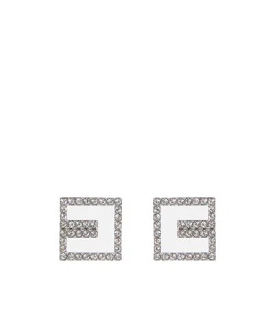 Elisabetta Franchi Logo Outline Earrings With Rhinestones In Silver