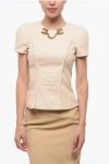 Elisabetta Franchi Eco-leather Slim Fit Top With Jewel Detail In Neutral