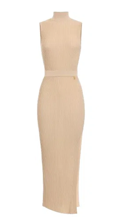 Elisabetta Franchi Ribbed High-neck Maxi Dress In Neutral