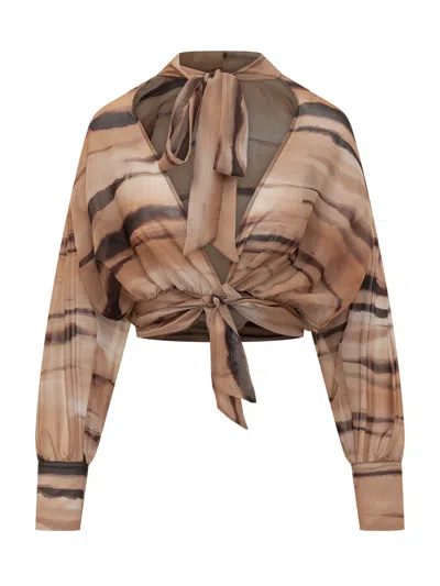 Elisabetta Franchi Elegant Blouse With Bow And Print In Cammello