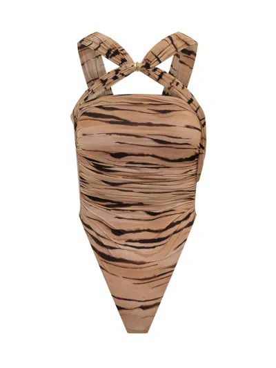 Elisabetta Franchi Elegant Bodysuit With Stylish Paintline Detail In Cammello