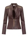 Elisabetta Franchi Brown Faux Leather Jacket With Gold Hooks And Shoulder Details In Red