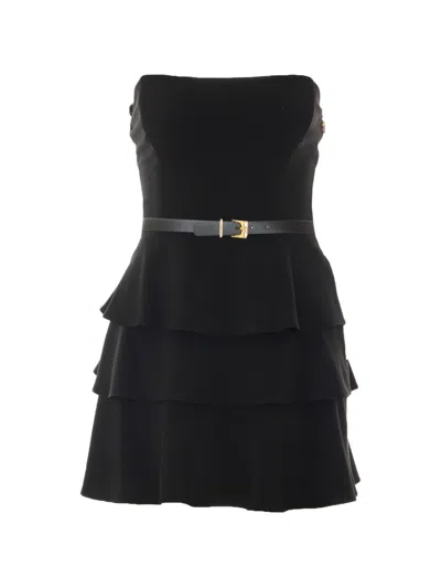 Elisabetta Franchi Strapless Silk Blend Dress Belted Waist Tiered In Black
