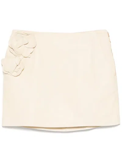 Elisabetta Franchi Flowers Leather Mini Skirt In Butter