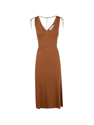 Elisabetta Franchi V-neck Ribbed Dress In Brown