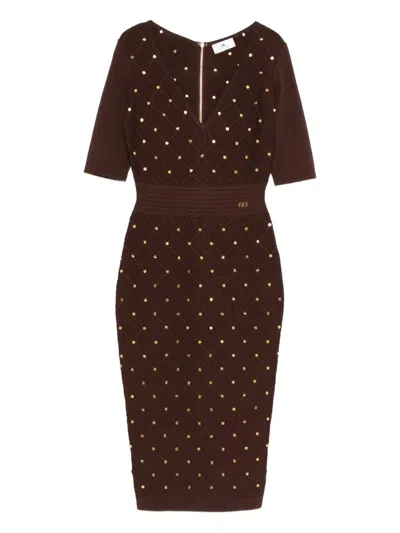 Elisabetta Franchi Embelished V Neck Dress In Brown