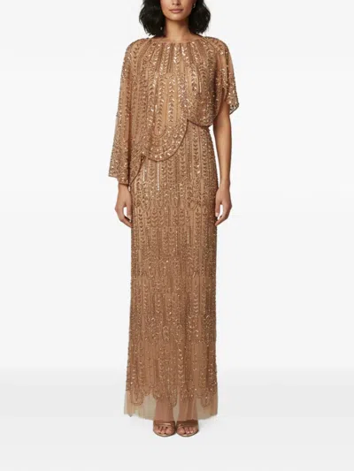 Pre-owned Elisabetta Franchi Embellished Asymmetric Cape Midi Dress In Neutrals
