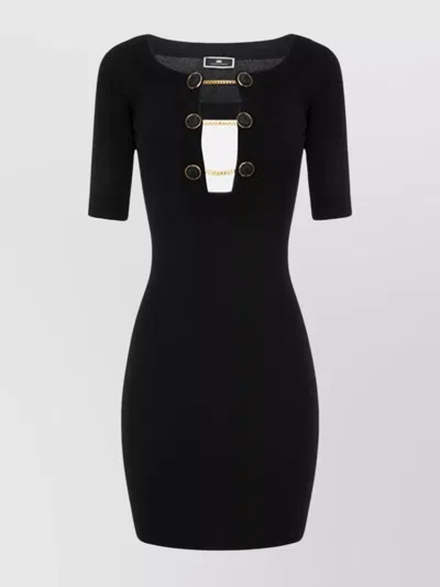 ELISABETTA FRANCHI EMBELLISHED BUTTON FITTED GOLD CHAIN DRESS