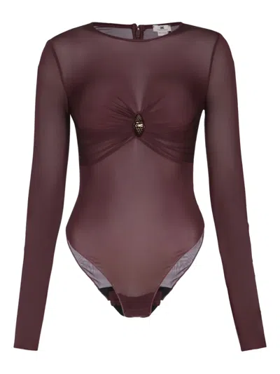 Elisabetta Franchi Sheer Long Sleeve Body With Jewel Embellishments In Burgundy