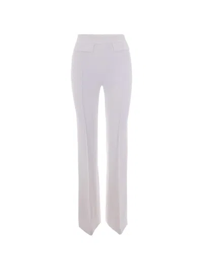 Elisabetta Franchi Double Crepe Stretch Pants With Distinct Side Slits And Logo Charm In Neutral