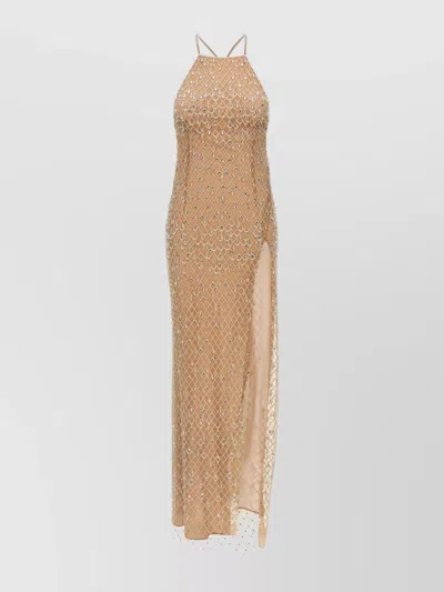Elisabetta Franchi Embellished Halter Neck Sheer Overlay Dress In Brown