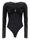 Elisabetta Franchi Black Crewneck Bodysuit With Knot Detail On The Front And Jewel Embellishment In Viscose Stretch Wom In Black