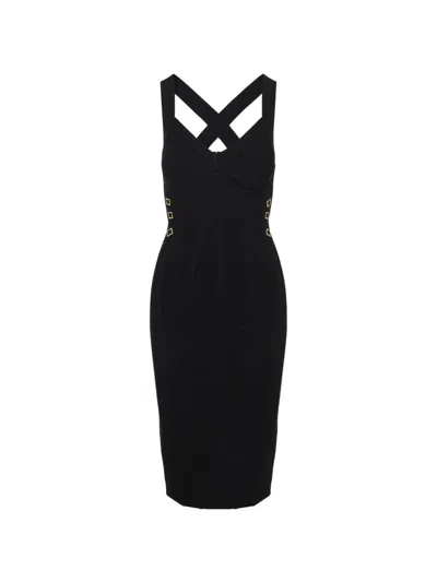 Elisabetta Franchi Shaping Knit Midi Dress Crossed Straps In Black