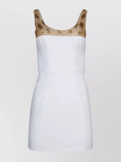 Elisabetta Franchi Embellished Straps Fitted Square Neckline Dress In White