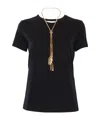 Elisabetta Franchi Crew Neck T-shirt Gold Chain Detail In Black