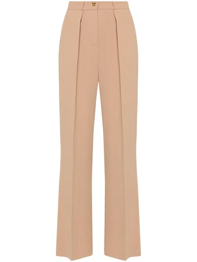 Elisabetta Franchi Emblem Crepe Straight Trousers In Tan
