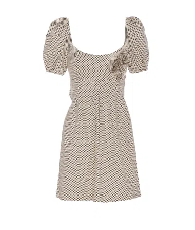 Elisabetta Franchi Embroidered Cotton Dress With Polka Dots And Roses In Beige