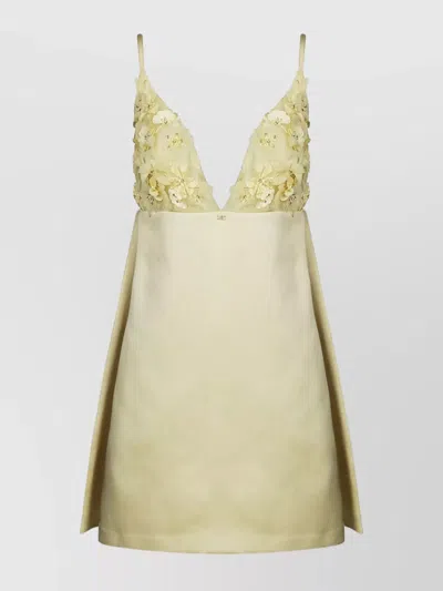 Elisabetta Franchi Embroidered Floral Mini Dress With Spaghetti Straps In Yellow