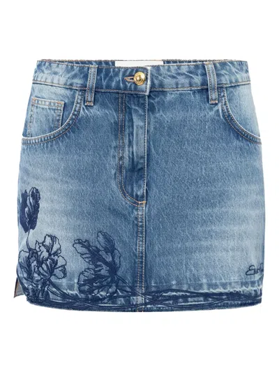 ELISABETTA FRANCHI EMBROIDERED-FLOWERS DENIM MINI SKIRT