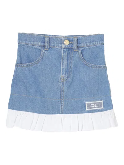 Elisabetta Franchi Kids' Embroidered-logo Denim Skirt In Blue
